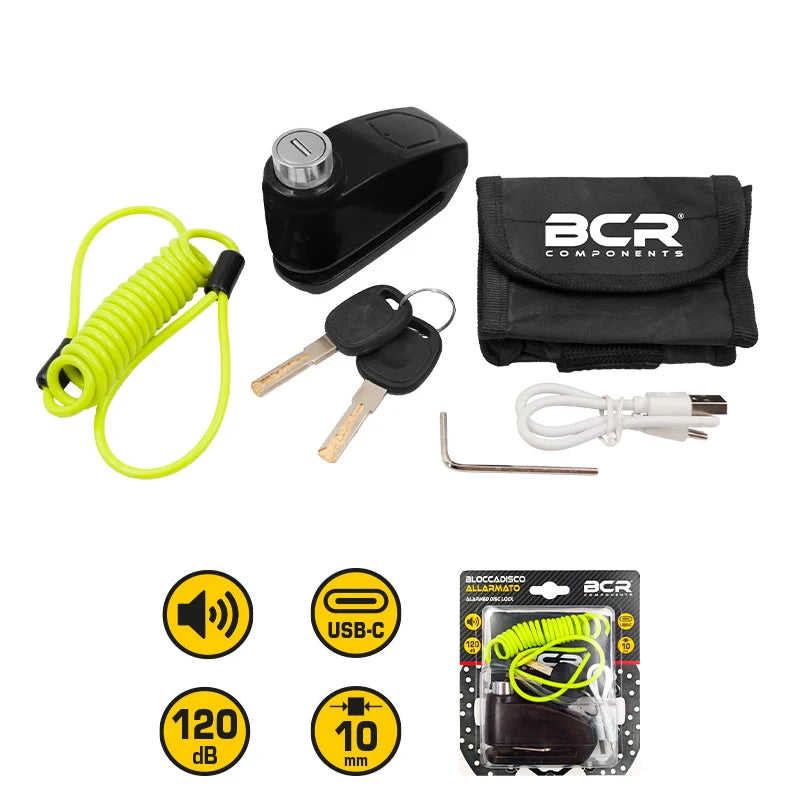 BCR - Bloccadisco Sonoro Ø 10mm - 2 Chiavi Piatte, Cavo Reminder e Borsa