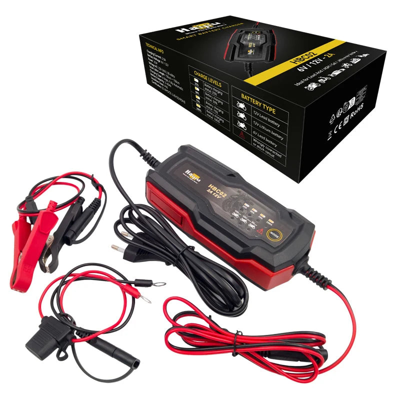 HAIJIU BATTERY - Caricabatteria Modello HBC02 - 12V - 2A - per Acido/AGM/Gel/Litio